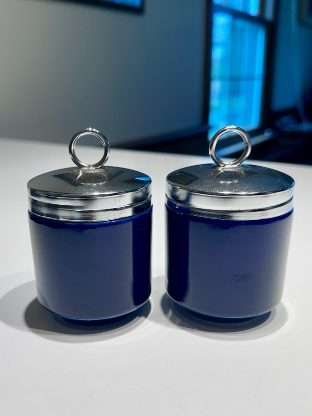 Williams Sonoma Vintage Cobalt Ceramic & Metal Egg Coddlers